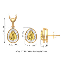 Natural 1.8 Carat Citrine Teardrop Necklace and Earrings Set with Halo