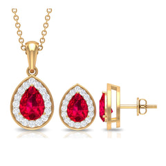 Created Ruby Teardrop Jewelry Set with Moissanite Halo