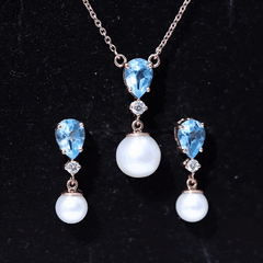 Swiss Blue Topaz and Diamond Jewelry Set with Freshwater Pearl Drop