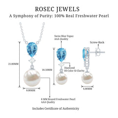 Swiss Blue Topaz and Diamond Jewelry Set with Freshwater Pearl Drop