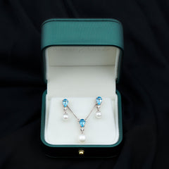 Swiss Blue Topaz and Diamond Jewelry Set with Freshwater Pearl Drop