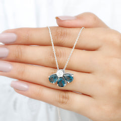 Real 2.37 Carat Pear Cut London Blue Topaz Flower Necklace