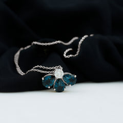 Real 2.37 Carat Pear Cut London Blue Topaz Flower Necklace