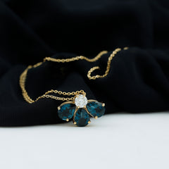 Real 2.37 Carat Pear Cut London Blue Topaz Flower Necklace