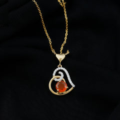 6MM Round Fire Opal and Diamond Heart Pendant Necklace