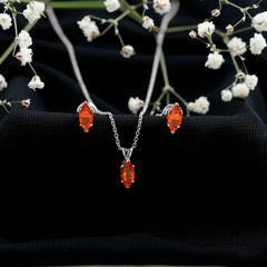 Genuine Marquise Cut Fire Opal Solitaire Necklace and Earring Set
