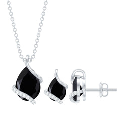 3 CT Black Spinel and Moissanite Teardrop Necklace Earrings Set