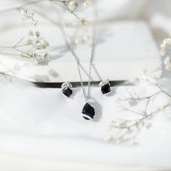 3 CT Black Spinel and Moissanite Teardrop Necklace Earrings Set
