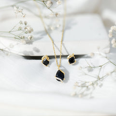 3 CT Black Spinel and Moissanite Teardrop Necklace Earrings Set