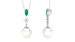 Cultured Freshwater Pearl Pendant Necklace with Emerald and Moissanite