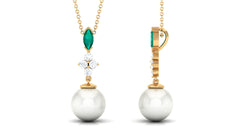 Cultured Freshwater Pearl Pendant Necklace with Emerald and Moissanite