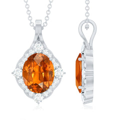 Oval Created Orange Sapphire Vintage Style Pendant with Diamond Halo