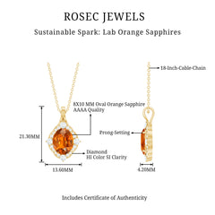 Oval Created Orange Sapphire Vintage Style Pendant with Diamond Halo