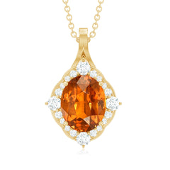 Oval Created Orange Sapphire Vintage Style Pendant with Diamond Halo
