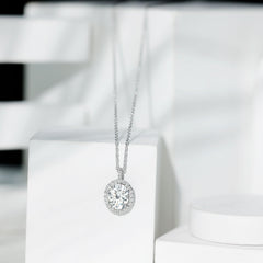 Certified 8X10 MM Oval Cubic Zirconia Halo Pendant with Chain