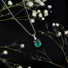 8X10 MM Oval Lab Grown Emerald Solitaire Necklace With Silver Chain
