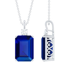 10x14mm Lab Grown Blue Sapphire Emerald Cut Necklace With Chain