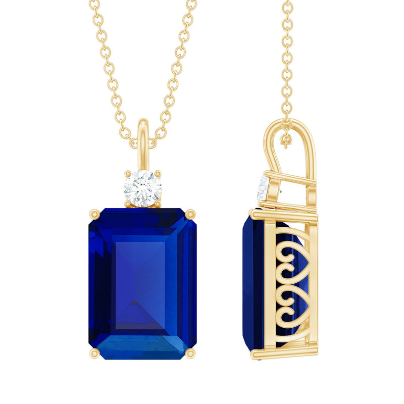 10x14mm Lab Grown Blue Sapphire Emerald Cut Necklace With Chain