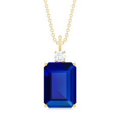 10x14mm Lab Grown Blue Sapphire Emerald Cut Necklace With Chain