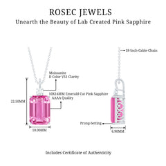 Emerald Cut Solitaire Created Pink Sapphire Pendant with Moissanite