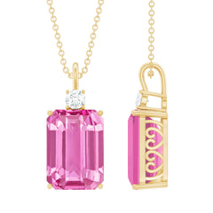 Emerald Cut Solitaire Created Pink Sapphire Pendant with Moissanite