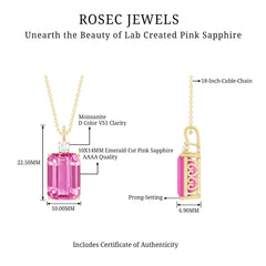 Emerald Cut Solitaire Created Pink Sapphire Pendant with Moissanite
