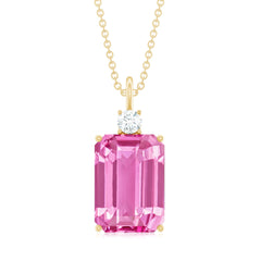 Emerald Cut Solitaire Created Pink Sapphire Pendant with Moissanite