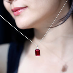 Octagon Cut Created Ruby Solitaire Pendant with Moissanite