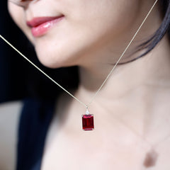 Octagon Cut Created Ruby Solitaire Pendant with Moissanite