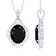 Vintage Style Created Black Diamond Halo Pendant Necklace