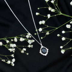 Vintage Style Created Black Diamond Halo Pendant Necklace
