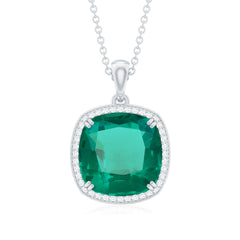 Cushion Cut Created Emerald and Moissanite Halo Pendant Necklace