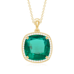 Cushion Cut Created Emerald and Moissanite Halo Pendant Necklace