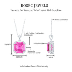 Created Pink Sapphire and Moissanite Halo Pendant Necklace