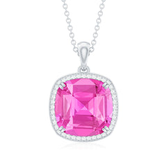 Created Pink Sapphire and Moissanite Halo Pendant Necklace