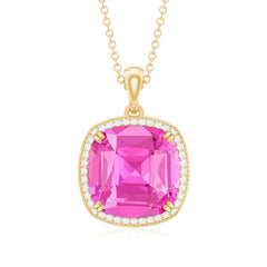 Created Pink Sapphire and Moissanite Halo Pendant Necklace
