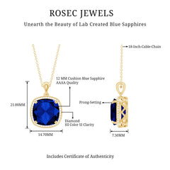Cushion Cut Created Blue Sapphire and Diamond Halo Pendant Necklace