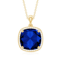 Cushion Cut Created Blue Sapphire and Diamond Halo Pendant Necklace