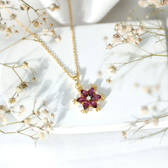Rhodolite Garnet Flower Necklace in Gold Plated Silver