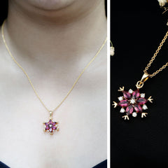 Rhodolite Garnet Flower Necklace in Gold Plated Silver