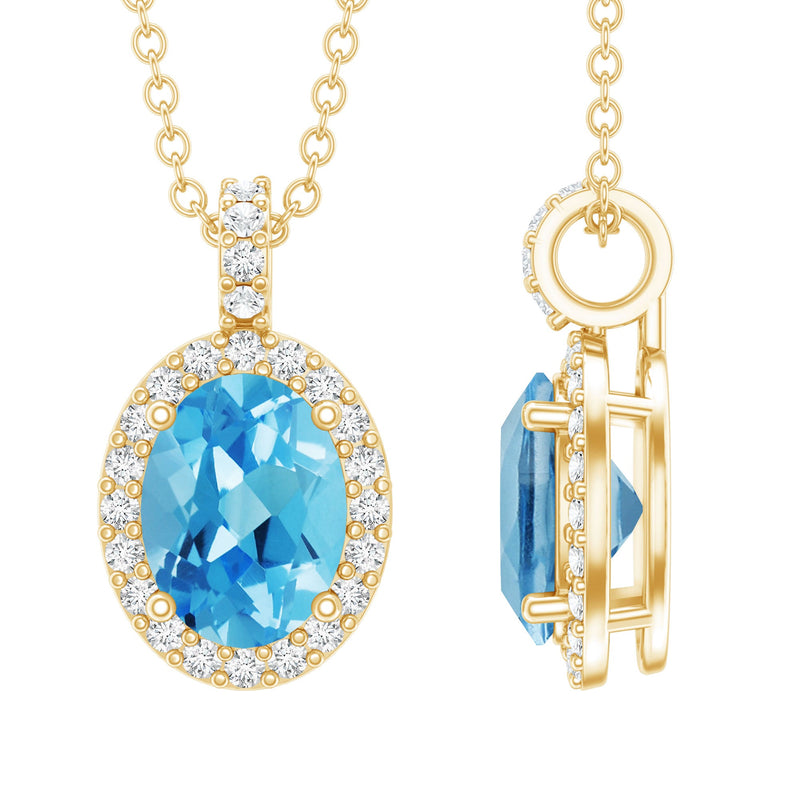 Natural 1 Carat Swiss Blue Topaz and Diamond Halo Necklace With Silver Chain