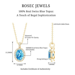 Natural 1 Carat Swiss Blue Topaz and Diamond Halo Necklace With Silver Chain