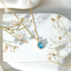 Natural 1 Carat Swiss Blue Topaz and Diamond Halo Necklace With Silver Chain