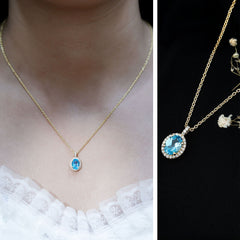 Natural 1 Carat Swiss Blue Topaz and Diamond Halo Necklace With Silver Chain