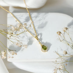 Certified Peridot and Diamond Teardrop Necklace in Gold Plated Silver