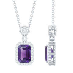 Genuine 1.1 Carat Emerald Cut Amethyst Vintage Necklace with Diamond Halo