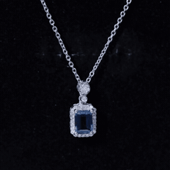 Genuine 1.1 Carat London Blue Topaz Emerald Cut Necklace with Diamond Halo