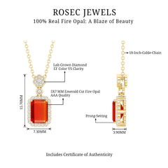 Vintage Style 1 Carat Emerald Cut Fire Opal Necklace with Diamond