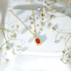 Vintage Style 1 Carat Emerald Cut Fire Opal Necklace with Diamond