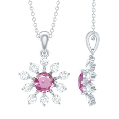 Genuine 0.58 Carat Pink Sapphire and Diamond Flower Pendant Necklace